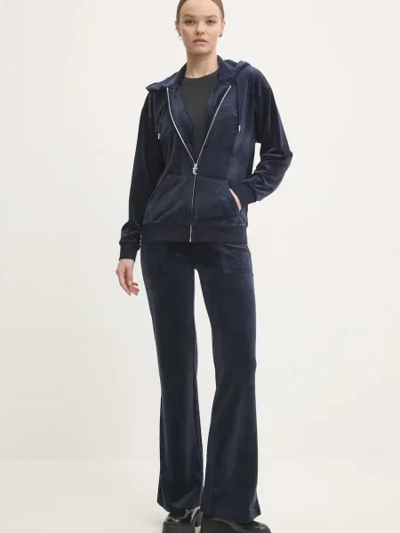 Велюрова кофта Juicy Couture HALAN OVERSIZED HOODIE з капюшоном однотонна синій
