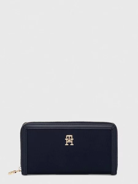 Duży lniany portfel Tommy Hilfiger elegancki niebieski