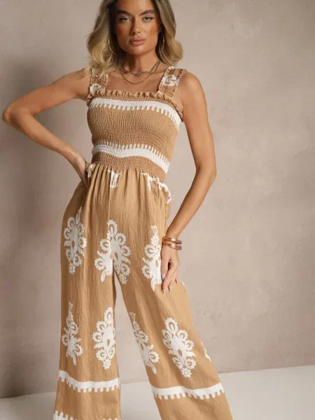Kombinezon Wide Leg z na Ramiączkach Zdobiony Etnicznym Wzorem Melriti brązowy