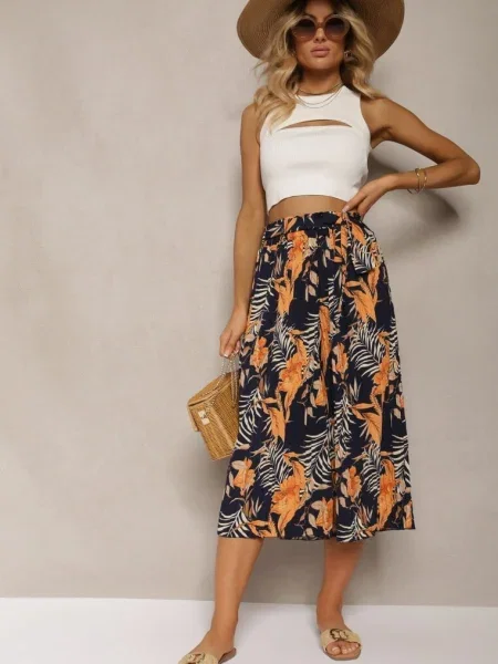 Bleumarin-Portocaliu Pantaloni Talie Înaltă Picior Larg Talie Berlefia portocaliu