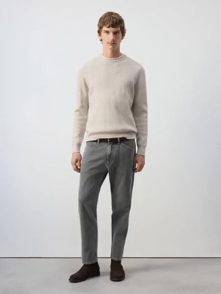 Sweter z dzianiny w jodełkę lodowy Mężczyzna S MANGO MAN szary