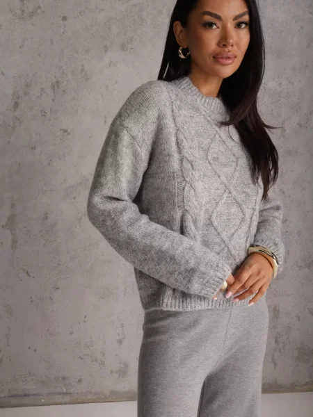 Sweter z Bawełną Wełną i Ozdobnym Splotem Luksara szary