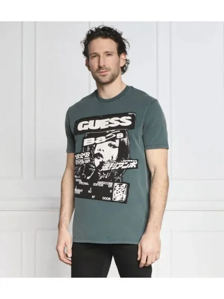 GUESS Tricou SS BSC GUESS MUSIC POSTER verde