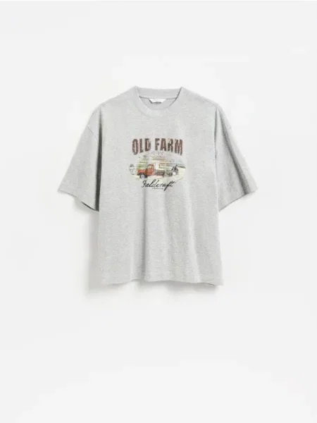 Reserved Tricou boxy cu imprimeu deschis gri