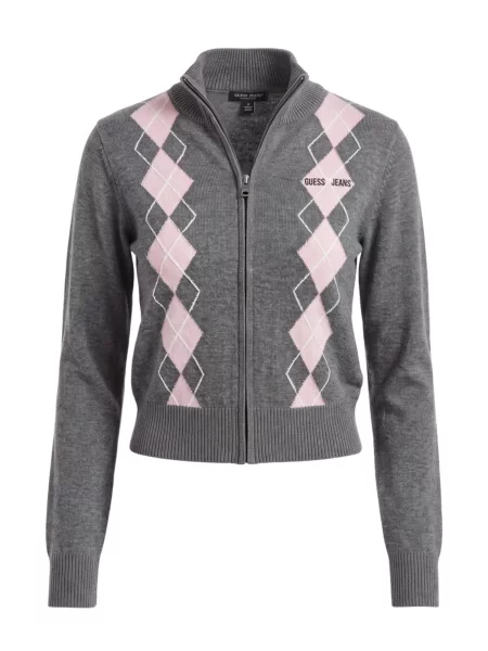 GUESS JEANS Geacă tricotată ARGYLE gri / roz alb