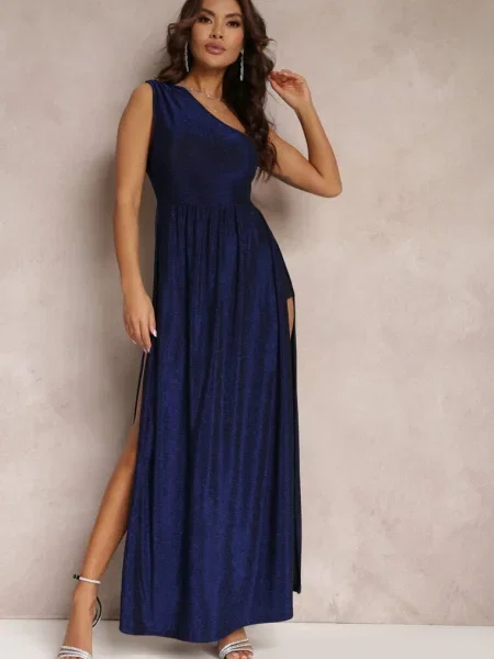 Rochie Maxi Bleumarin Sclipitoare cu Partea Superioară Asimetrică și Partea Inferioară Cloș Eulita