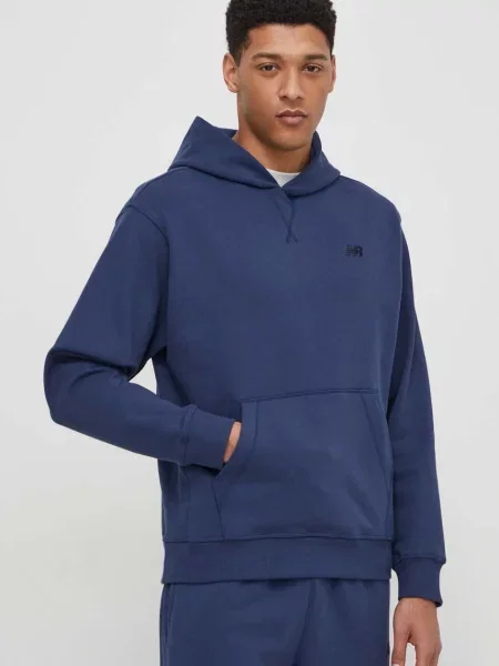 Хавлиени суичър с качулка New Balance с качулка с апликация синьо