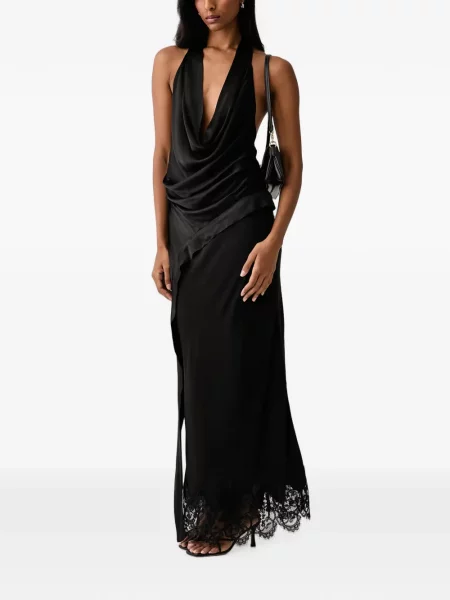 Top Bardot drapat cu gât halter negru