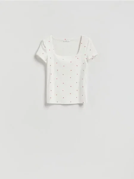 Reserved T-shirt z dekoltem karo wielobarwny