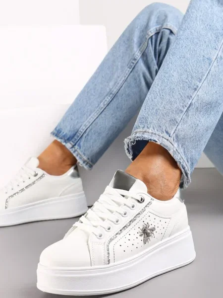 Sneakers Alb-Argintii cu Talpă Groasă și Decorațiuni cu Sclipici Pirola alb