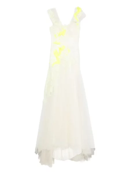 Rochie maxi Gemy Maalouf cu model floral din tul alb