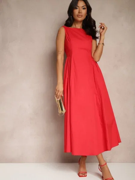 Rozkloszowana Sukienka Koktajlowa z Bawełny z Dekoltem Łódką i Fanilra czerwona