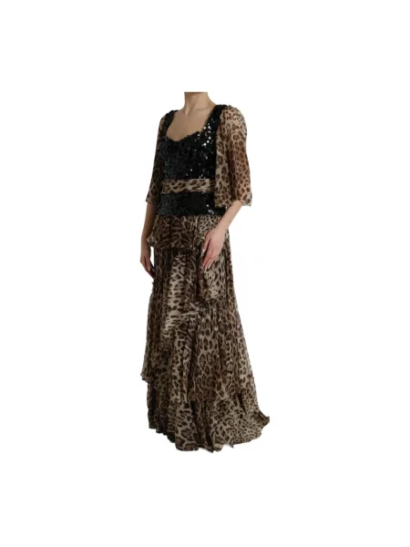 Sukienka maxi Dolce And Gabbana z cekinami w panterkę brązowa