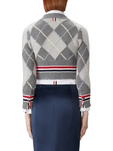Cardigan Thom Browne cu decolteu în V cu model argyle gri