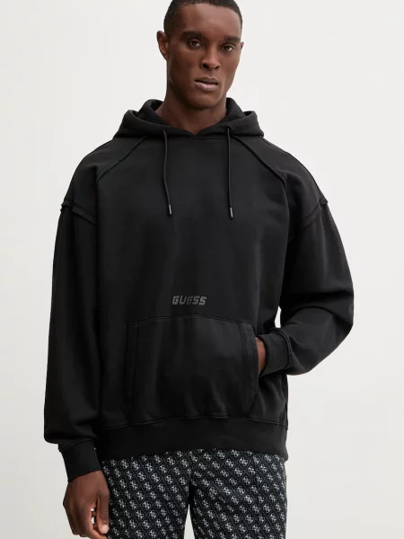 Bombažen pulover Guess LASI s kapuco črna