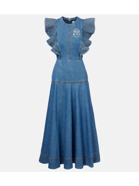 Maksi sukienka jeansowa Alemais z falbankami garniturowa niebieska