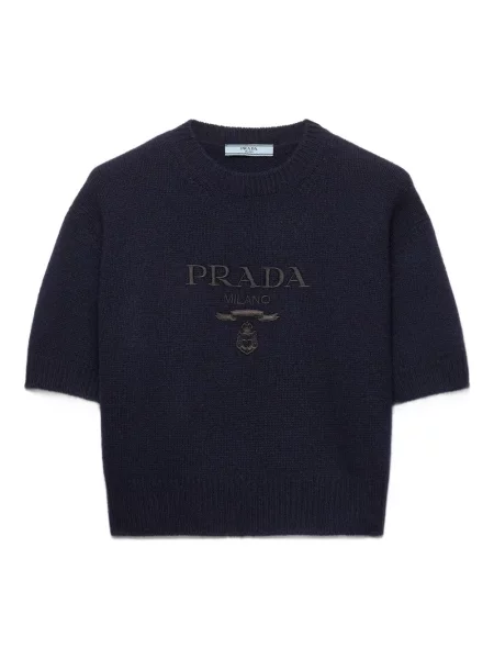 Top Prada cu broderie cu decolteu rotund albastru