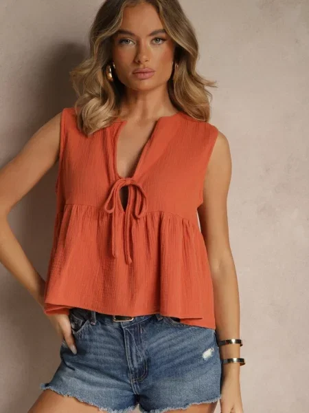Bluzka Top z Bawełny Wiązana z Przodu z Falbanką Comila pomarańczowa