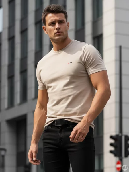 T-shirt basic z haftem cappuccino Dstreet