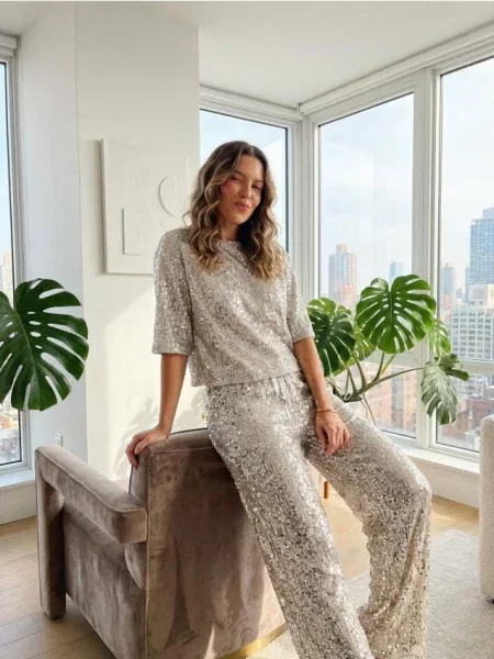 Широкі штани з паєтками срібний