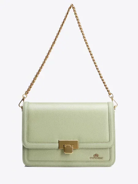 Skórzana torebka crossbody z łańcuszkiem pistacjowa