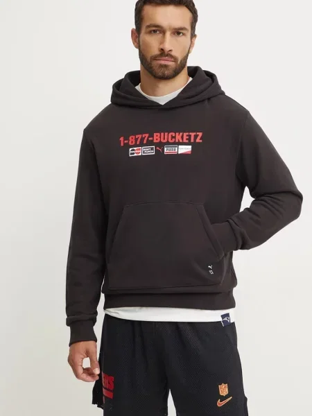 Суичър с качулка Puma с качулка с принт черно