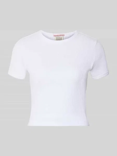 T-shirt o krótkim kroju z prążkowanym okrągłym dekoltem Scotch & Soda biała