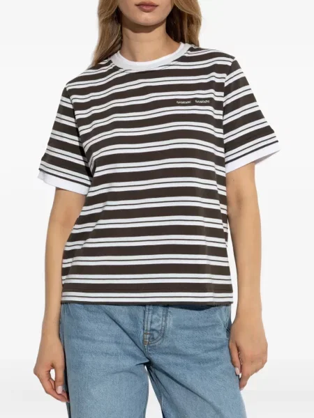 Tricou Samsøe Samsøe cu broderie cu dungi maro