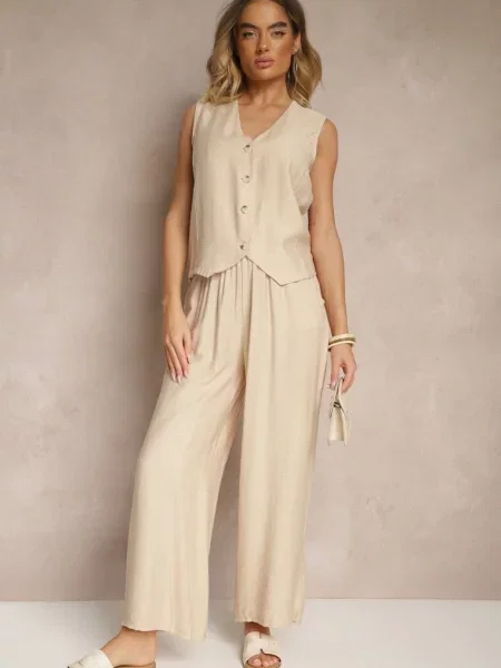 Komplet o Garniturowym Kroju z Lnem Kamizelka i Spodnie z Cyrkoniami Redavale beżowy