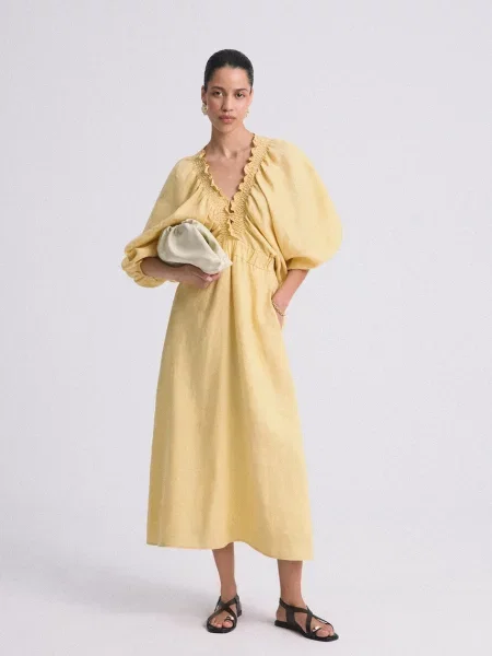 Rochie din in midi evazati galben