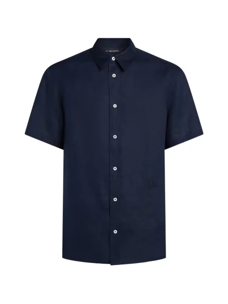 Lněná košile Karl Lagerfeld s výšivkou modrá