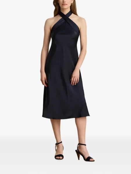 Μίντι φόρεμα Lauren Ralph Lauren γραβάτες με halter λαιμόκοψη μπλε