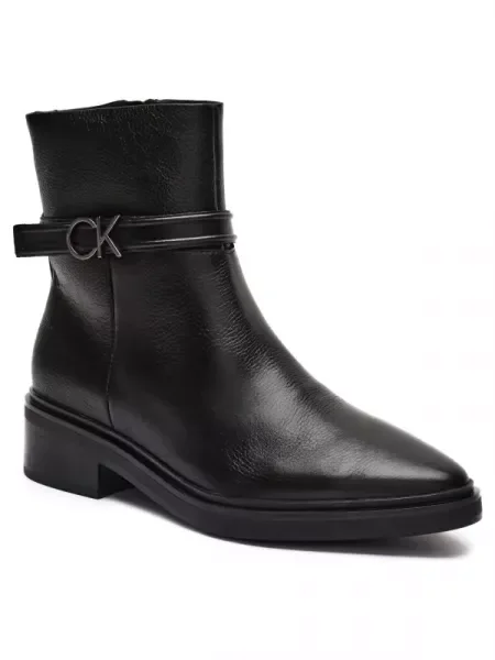 Calvin Klein Bőr magassarkú bokacsizma fekete