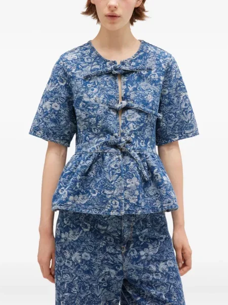 Cu peplum bluză Ganni cu funde albastru