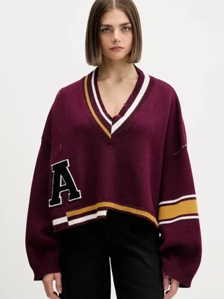 AMBUSH pulover de lână Damaged Rib V Neck Sweater femei călduros bordo