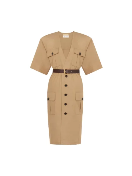 Sukienka midi Saint Laurent do kolan z twillu beżowa