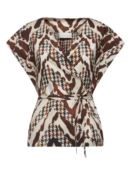 Bluzka Pierre Louis Mascia z nadrukiem w pepitkę kopertowa brązowa