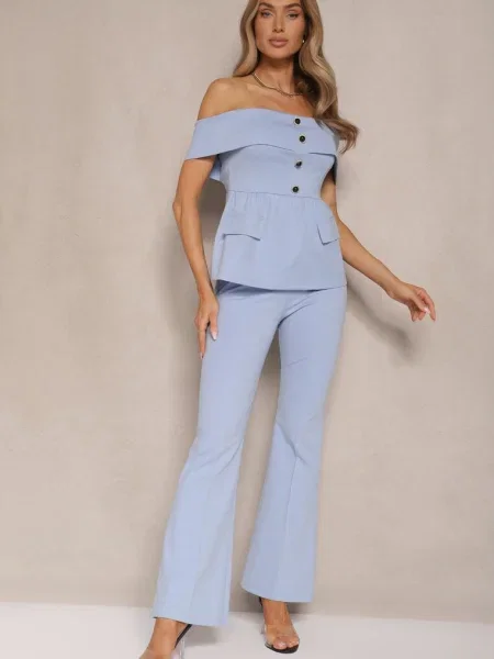 Set De costum Bluză Tip spaniolă și Pantaloni Flare Silkio albastru