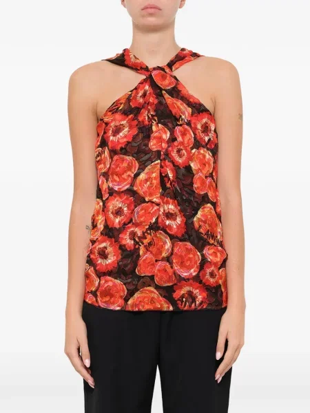 Bluză Lanvin cu model floral cu imagine cu gât halter roșu