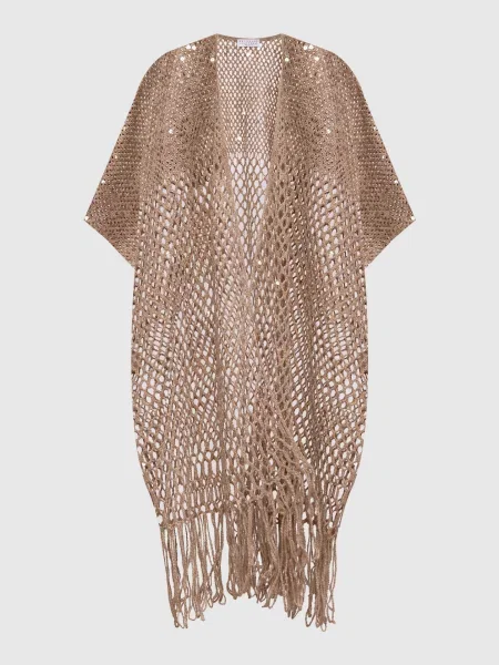 Ажурний кардиган з шовку та льону з паєтками Brunello Cucinelli бежевий