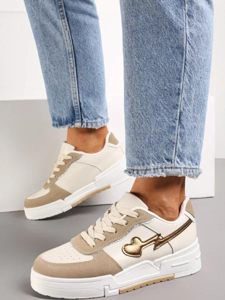 Sneakers Anaieli deschis cu șiret și platformă groasă cu detalii cu sclipici bej