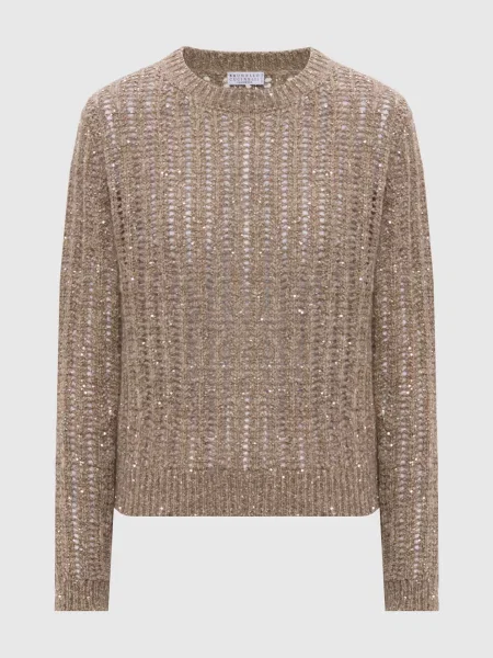 Светр з вовною та кашеміром з паєтками Brunello Cucinelli коричневий