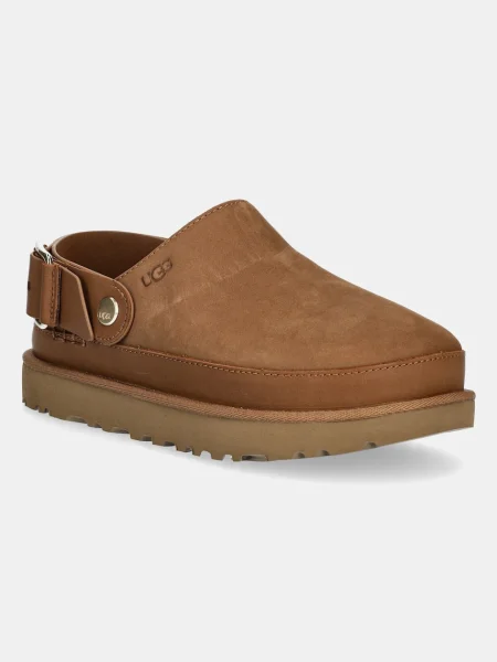 Чехли от набук UGG Goldenstar Villa Clog с платформа кафяво