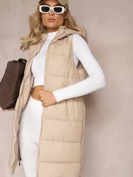 Vestă lungă cu model matlasat și dublu Wetessa bej