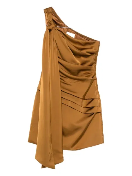 Rochie mini Malina drapată cu un umăr gol de costum maro