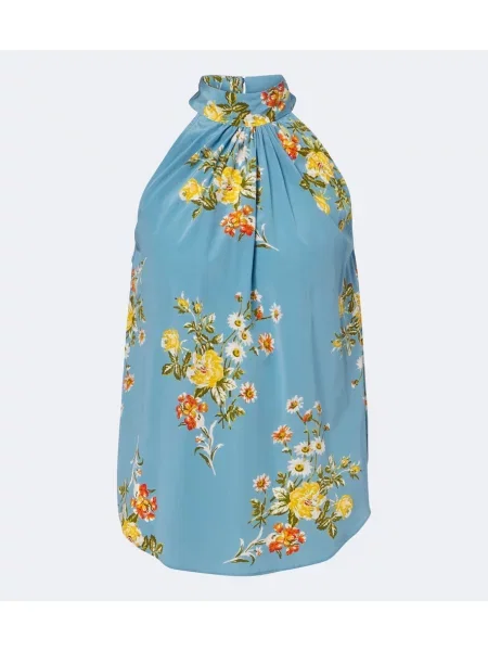 Top Veronica Beard de mătase cu model floral cu gât halter albastru