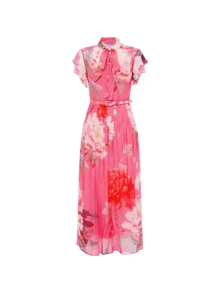 Rochie midi Leo Lin cu model floral cu volane până la genunchi roz