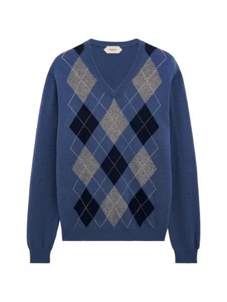 Pulover Pringle Of Scotland cu decolteu în V cu model argyle albastru