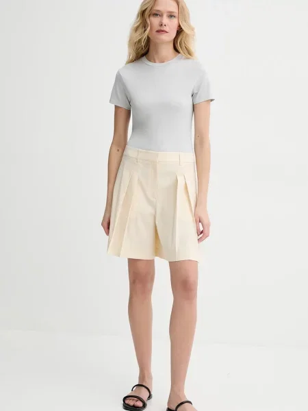 Theory szorty lniane gładkie high waist beżowy
