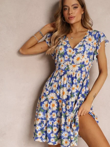 Taliowana Sukienka Mini w Kwiaty z Gumką w Talii Teziovi niebieska